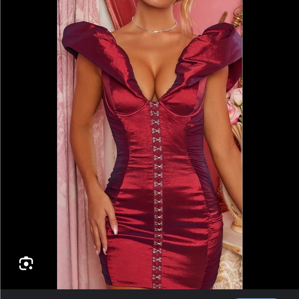 OhPolly Burgundy Satin Puff Sleeve Dress